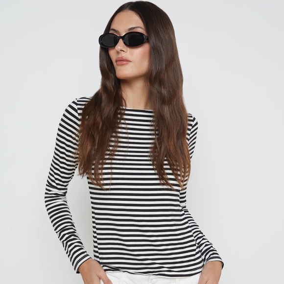 L'AGENCE Tops - L’AGENCE Tess Long Sleeve Stripe Top Black White Small Basic